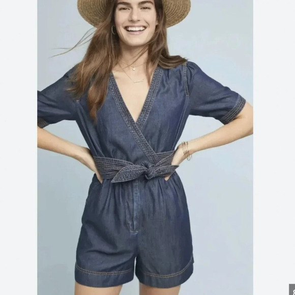 NEW Anthropologie Pilcro + the Letterpress Denim Romper Retro Tie Waist Sz 0 - Picture 1 of 5